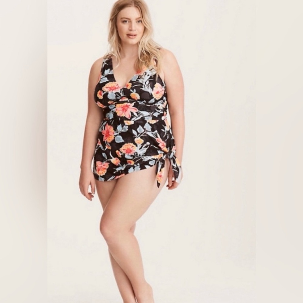 Torrid Black Floral Swim Dress asymmetrical side tie swimsuit sz 3x black blue